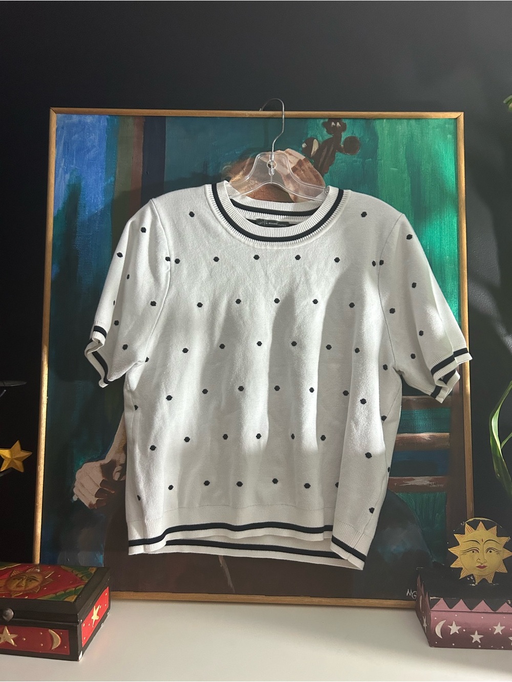 Adrianna Papell White Black Polka Dot Knit Short Sleeve Top XL